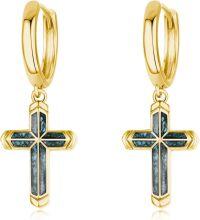 wholesale Gold 925 Sterling Silver Turquoise Stone Cross Huggie Hoop Dangle Earrings 23x16mm-Gold Cross (Turquoise Gravels)