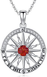 wholesale 925 Sterling Silver Red Fire Opal Compass I'd be lost without you Pendant Necklace Gift for Women-G July