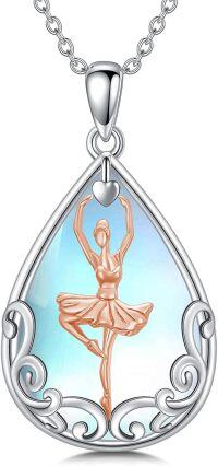 wholesale 925 Sterling Silver Ballerina Dancing in Teardrop Shape with Blue Moonstone and Rose Gold Accents Pendant Necklace-Ballet