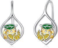 wholesale 925 Sterling Silver Citrus Fruit Drop Earrings with Green Leaves and CZ Stones for Women-Lemon