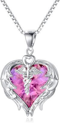 wholesale 925 Sterling Silver Pink Austrian Crystal Caduceus Angel Wings Heart Nurse Pendant Necklace-Pink