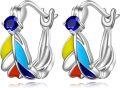 wholesale 925 Sterling Silver Colorful Enamel Floral Huggie Hoop Earrings with Blue Stone and Multicolor Petals-0-0