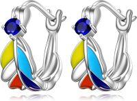 wholesale 925 Sterling Silver Colorful Enamel Floral Huggie Hoop Earrings with Blue Stone and Multicolor Petals-Colourful Feather