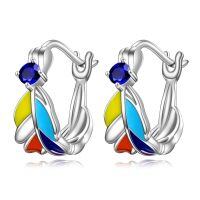 wholesale 925 Sterling Silver Colorful Enamel Floral Huggie Hoop Earrings with Blue Stone and Multicolor Petals-Colourful Feather