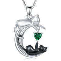 wholesale 925 Sterling Silver Onyx Cat Moon Pendant Necklace Women s Jewelry Gift-May - Emerald