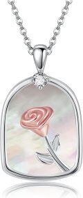 wholesale 925 Sterling Silver Pink Rose Flower Mother of Pearl Pendant Necklace-0-0