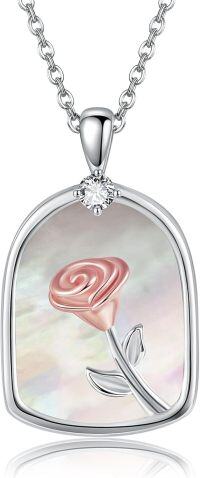wholesale 925 Sterling Silver Pink Rose Flower Mother of Pearl Pendant Necklace-Rose