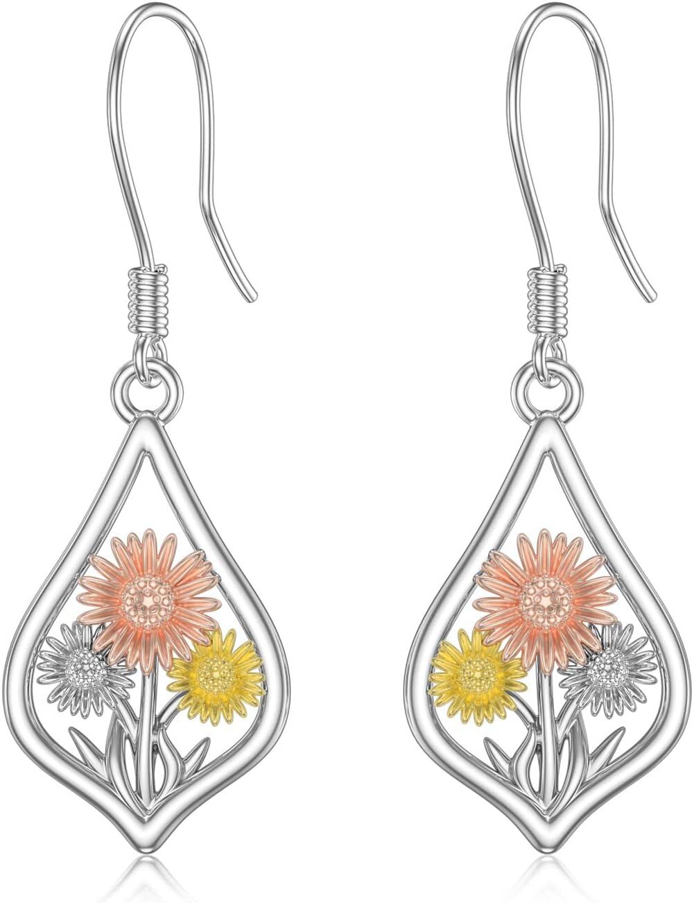  Metal Sterling Silver Stone Flower Dangle Drop Earrings for Women Mom Leverback Jewelry Gifts -07-Dangle-Gerbera Bunch