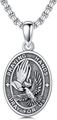 wholesale 925 Sterling Silver Praying Hands Medal Pendant Necklaces Religious Protection Charm Jewelry for Men Women-Praying Hands