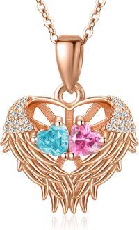 wholesale Sterling Silver 2 Birthstones Angel Wings Necklace for Women-03-10-Mar-Oct