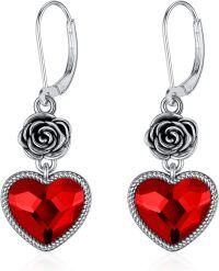 wholesale 925 Sterling Silver Red Heart Austrian Crystal Vintage Rose Leverback Drop Earrings-B-Red Rose Heart