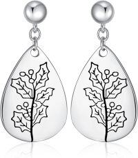wholesale Sterling Silver Floral Teardrop Earrings w Birth Flower Engraved Gift for Women-12-December-Holly