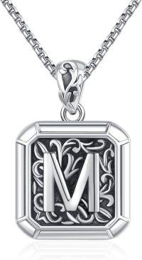 wholesale Sterling Silver Square Initial Letter Necklace Unisex Retro Pendant Jewelry Gift-Initial M