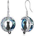 wholesale 925 Sterling Silver Cat on the Moon Dangle Earrings with Circle Crystal for Women Cat Lovers-0-0