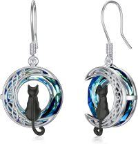 wholesale 925 Sterling Silver Cat on the Moon Dangle Earrings with Circle Crystal for Women Cat Lovers-1 Cat(Black)-Blue Crystal-01-B