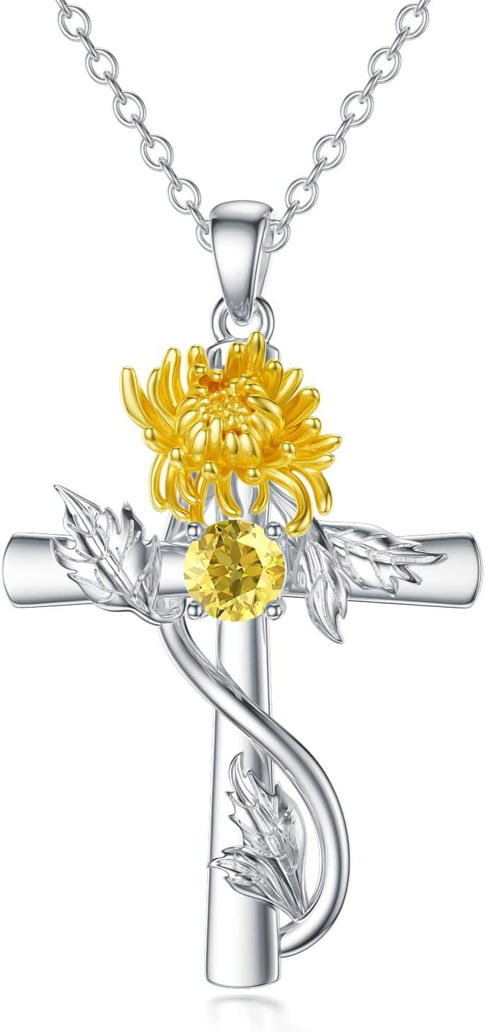 Sterling Silver 12 Birthstone Flower Pendant Necklace for Women-11-November-Chrysanthemum
