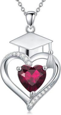 wholesale  Sterling Silver Heart Birthstone Necklace High School College Graduation Jewelry for Her -Non-Personalized 07-Jul-Ruby