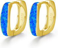 wholesale 925 Sterling Silver Blue Opal Huggie Hoop Earrings with Yellow Gold Plating for Women-14K gold-Blue
