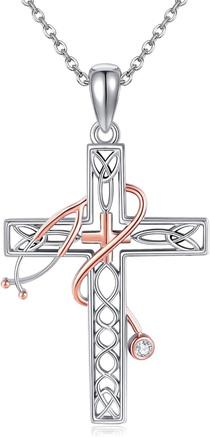 Sterling Silver Opal Cross Necklace Rose Opal Stethoscope Pendant Celtic Faith Jewelry for Women-0-0