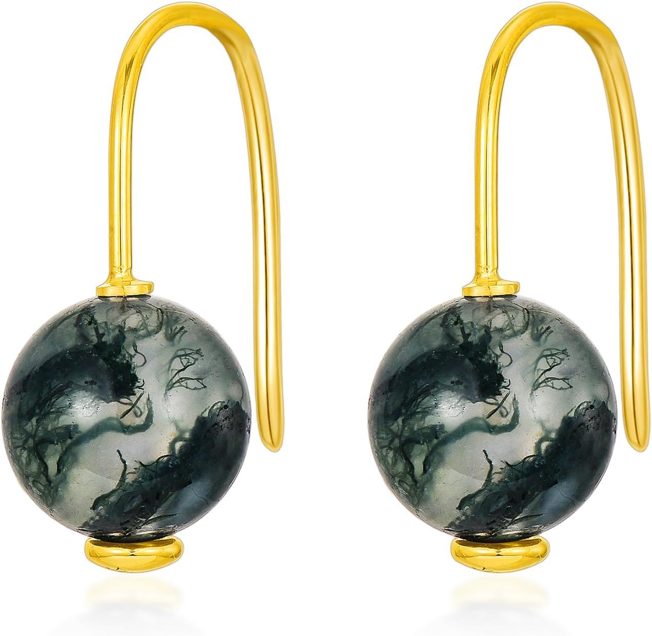 14K Gold Moss Agate Moissanite Leverback Drop Dangle Earrings for Women-Natural Moss Agate Earrings