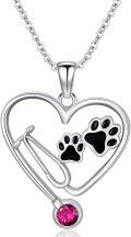wholesale 925 Sterling Silver Birthstone Vet Stethoscope Necklace Dog Paw Pendant Nurse Jewelry Gift for Women Veterinarians-0-0