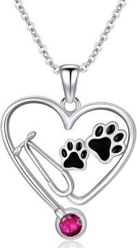 wholesale Sterling Silver Birthstone Vet Stethoscope Necklace Dog Paw Pendant Nurse Jewelry Gift for Women Veterinarians-Stethoscope 07-July Birthstone