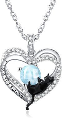 wholesale Sterling Silver Birthstone Cat Projection Heart Pendant Necklace-14-Moonstone-14-Moonstone