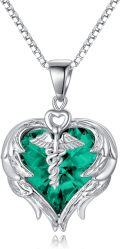 wholesale Sterling Silver Austrian Crystal Caduceus Angel Wing Heart Nurse Necklace-0-12