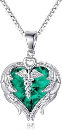 wholesale Sterling Silver Austrian Crystal Caduceus Angel Wing Heart Nurse Necklace-Emerald Green