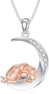 wholesale 925 Sterling Silver Lab-Grown Cubic Zirconia Fox on Crescent Moon Charm Necklace-Deer