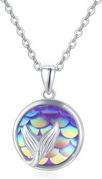 wholesale 925 Sterling Silver Moonstone Mermaid Tail Pendant Necklace-10mm Fish Scal A