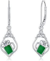 wholesale 925 Sterling Silver Green Jade Irish Beer Celtic Knot Drop Earrings for Women St Patricks Day Gifts-Beer
