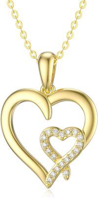 wholesale 14K Gold 2-Tone Double Heart CZ Pendant Necklaces for Women - Romantic-Yellow