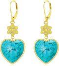 wholesale 925 Sterling Silver Natural Turquoise Heart Drop Earrings with Flower Accent - Vintage Style Leverback Jewelry for Women's Gifts-0-0