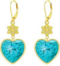 wholesale 925 Sterling Silver Natural Turquoise Heart Drop Earrings with Flower Accent - Vintage Style Leverback Jewelry for Women's Gifts-A_Turquoise Stone