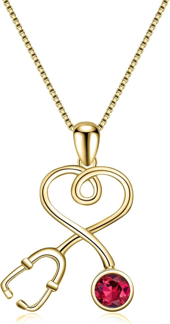 wholesale 925 Sterling Silver Plated Gold Infinity Heart Stethoscope Pendant Necklace with Cubic Zirconia Accent for Nurses Doctors Gifts-Red