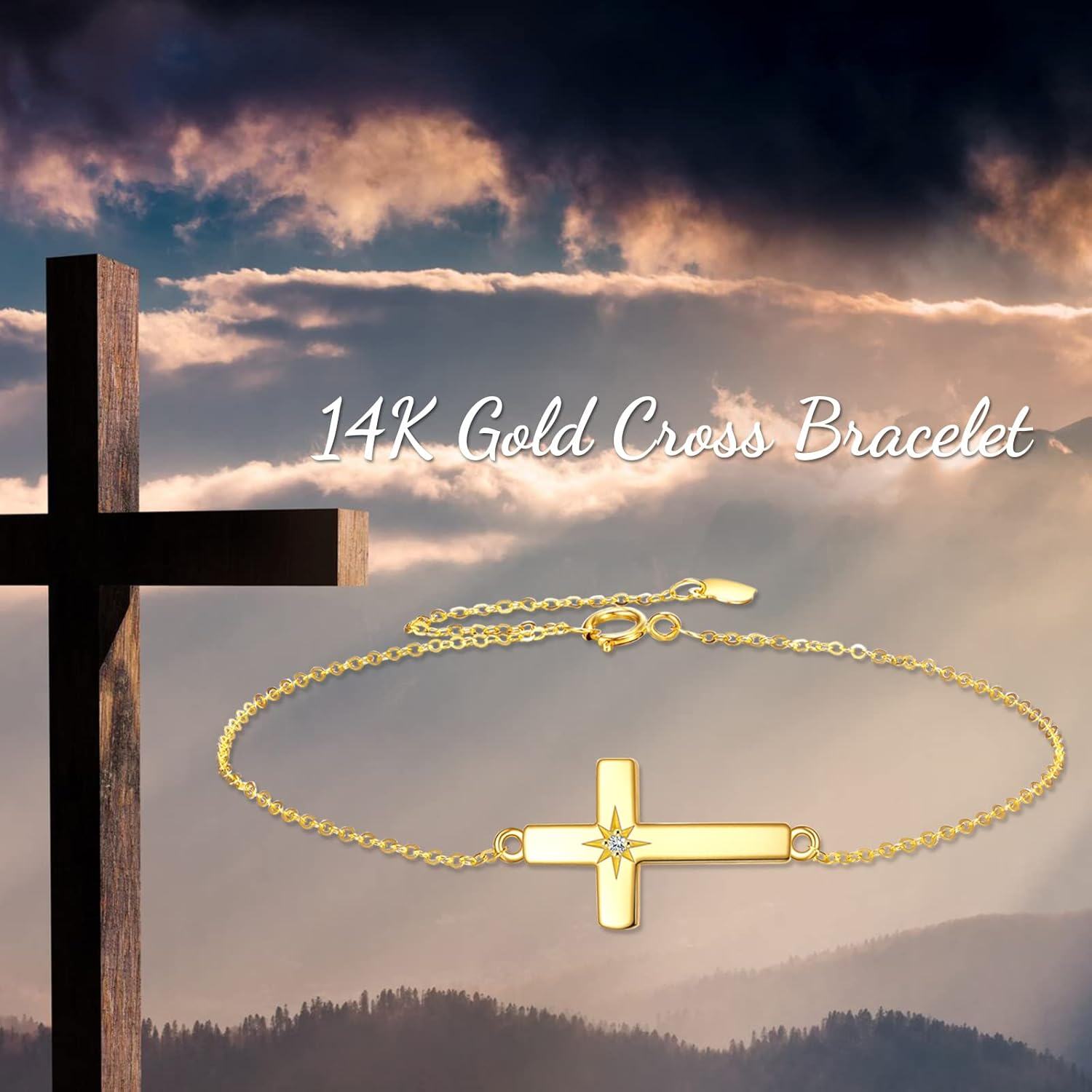 wholesale 14K Gold Sideways Cross CZ Star Charm Chain Link Bracelet for Women Adjustable Religious s-0-2