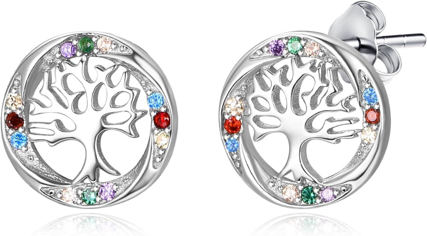 Sterling Silver Tree of Life Stud Earrings Round Birthstone Jewelry Gifts-0-0