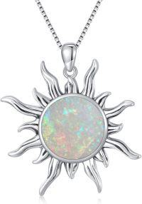 wholesale 925 Sterling Silver Synthetic Opal Sun Charm Necklace - 18 Rhodium Plated Chain - 13mm Pendant-N_White Opal