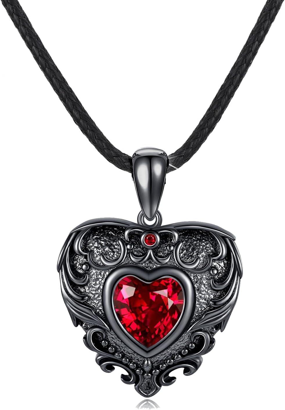 wholesale 925 Sterling Silver Red Crystal Heart Pendant Gothic Necklace for Women-0-0