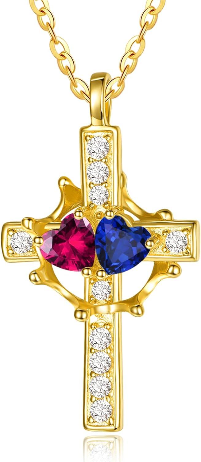 Sterling Silver Birthstones Gold Cross Necklace for Women -07-09-Jul-Sept-07-09-Jul-Sept