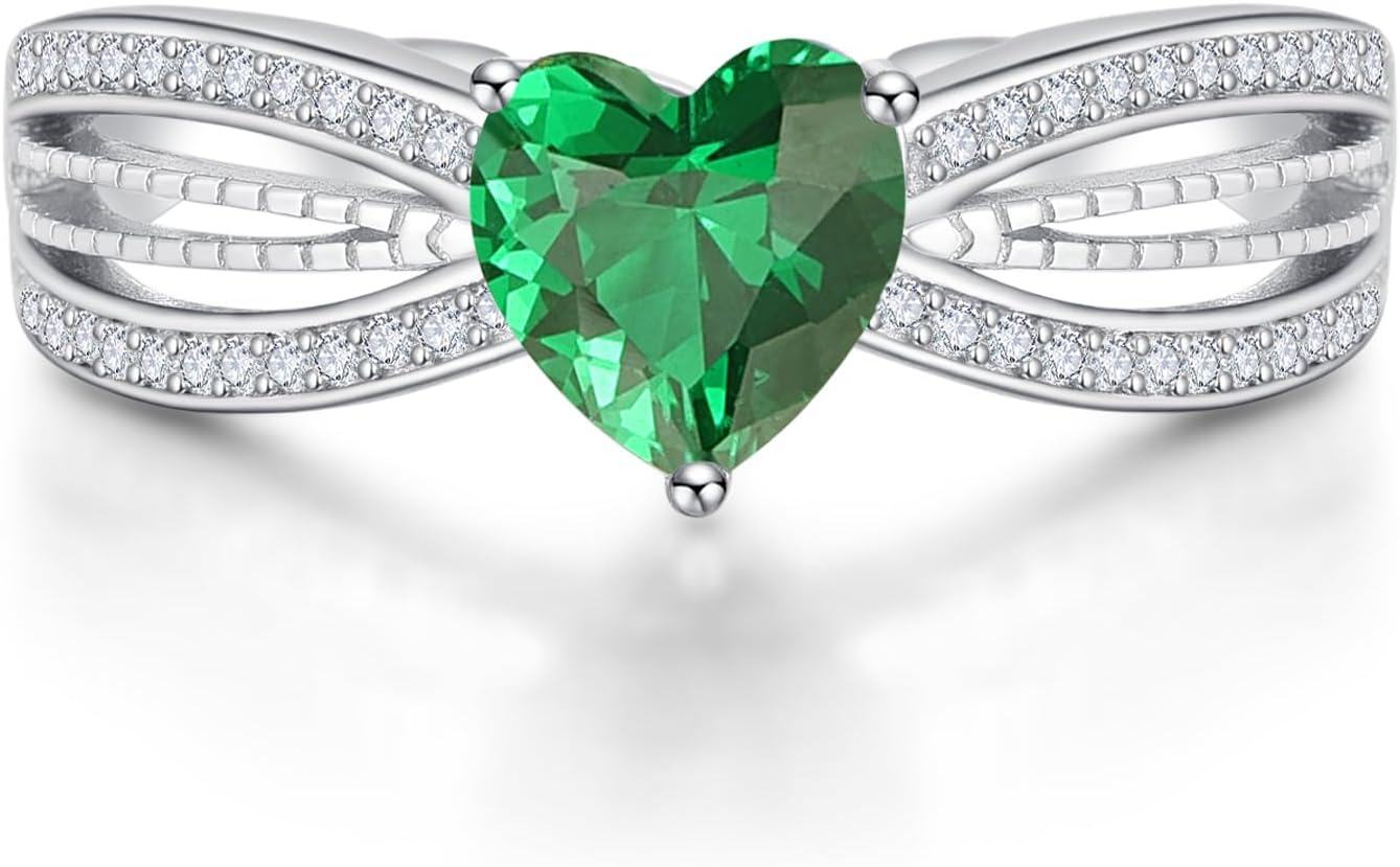 Sterling Silver CZ Heart Rings Adjustable Birthstone Jewelry Gift for Women Mom-0-1