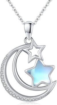 wholesale 925 Sterling Silver Star & Crescent Moon Pendant with Blue Mother of Pearl Stone Necklaces for Women Birthdays Gifts Jewelry Accessories 43mm x 68mm-Star Moon