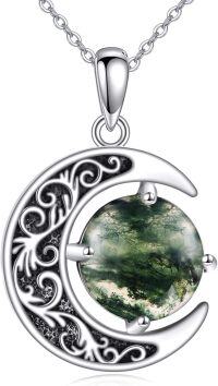 wholesale 925 Sterling Silver Green Moss Agate Crescent Moon Filigree Pendant Necklace for Women-moss agate