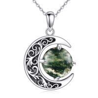 wholesale 925 Sterling Silver Green Moss Agate Crescent Moon Filigree Pendant Necklace for Women-moss agate