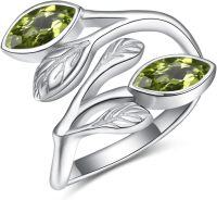 wholesale Sterling Silver Leaf Ring with Birthstone Adjustable Wrap Promise Engagement Wedding Rings for Women-Green Peridot