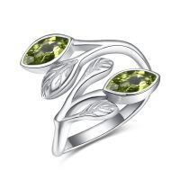 wholesale 925 Sterling Silver Leaf Ring with Birthstone Adjustable Wrap Promise Engagement Wedding Rings for Women-Green Peridot