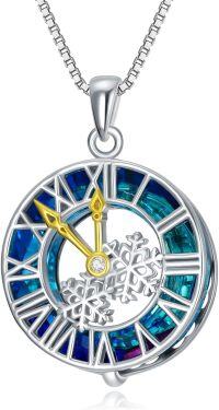 wholesale S925 Sterling Silver with Blue Crystal Snowflake Clock Christmas Pendant Necklace, 0.79 Pendant & 18+2 Chain, Elegant Gift Box-Time Clock