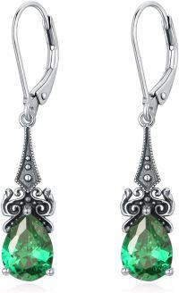 wholesale Sterling Silver 10mm Teardrop 12 Months Birthstone Dangle Drop Earrings-05-Emerald-Green
