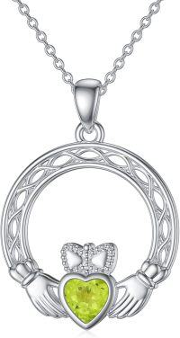 wholesale 925 Sterling Silver Claddagh Necklace w Simulated Birthstone Celtic Knot Heart Pendant-8-August